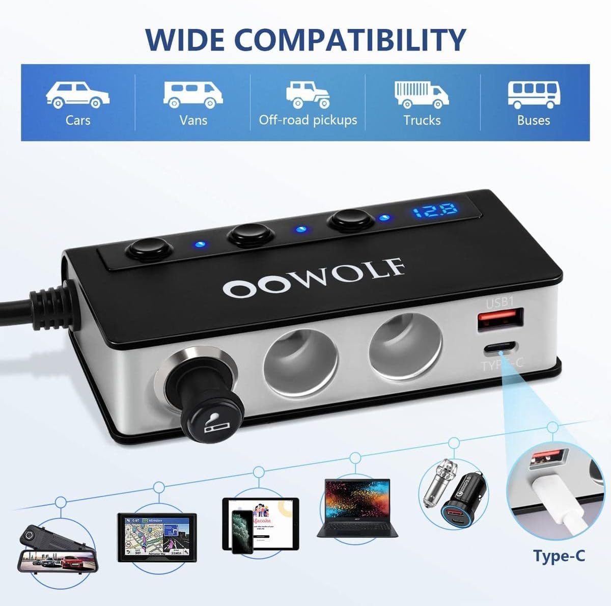 Caricatore Auto OOWOLF 148W Con Cavo Type-C Retrattile – 9 In 1 Con PD 3.0, QC 3.0, Voltmetro E Prese Multipla Per Auto E Camper