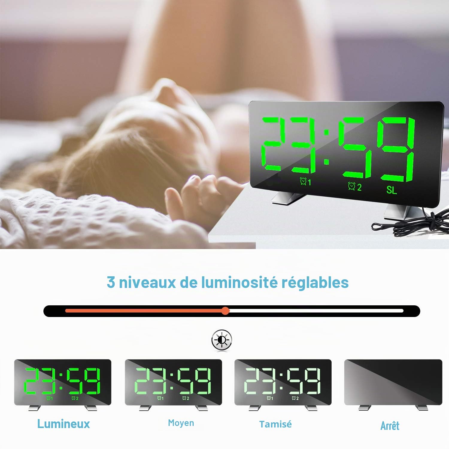 Réveil Radio pour Chevet Horloge Numérique Grand écran Fonction Snooze Double Alarme Volume Réglable Adaptateur Inclus