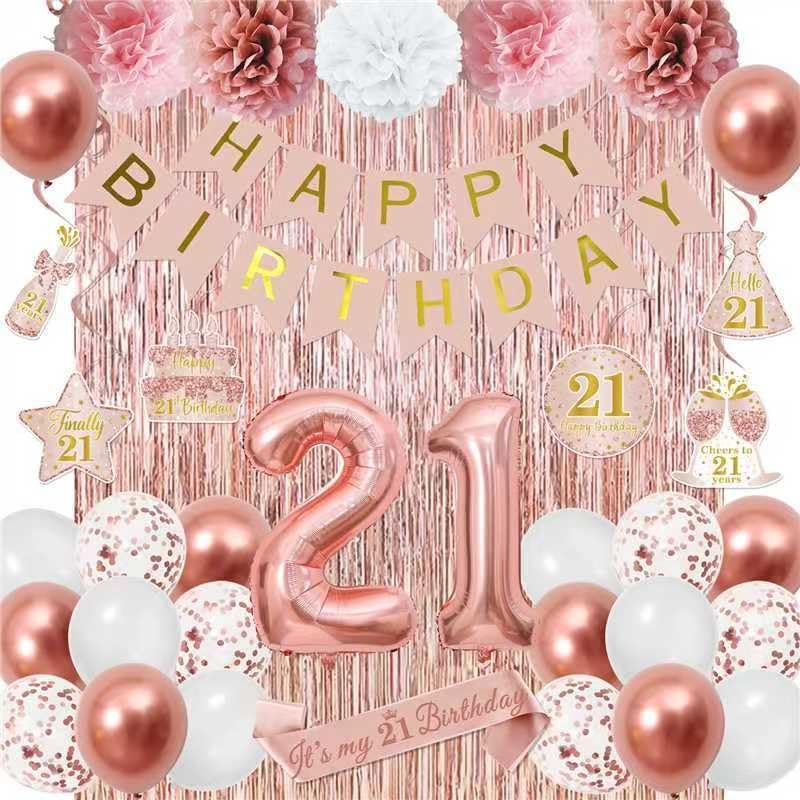 21st Birthday Decorations for Her,Rose Gold Happy 21st Birthday Banner Balloon Hanging Swirls Tassel Curtain Pompom Party Supplies Decor