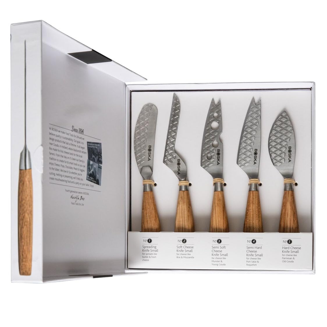 BOSKA Käsemesser-Set Oslo+ Small / 5 Käsemesser/Für alle Käsesorten auf einem Käsebrett/Stilvolles & kompaktes Design/Einzigartige Rhombenstruktur/Edelstahl/Europäische Eiche/Geschenktipp