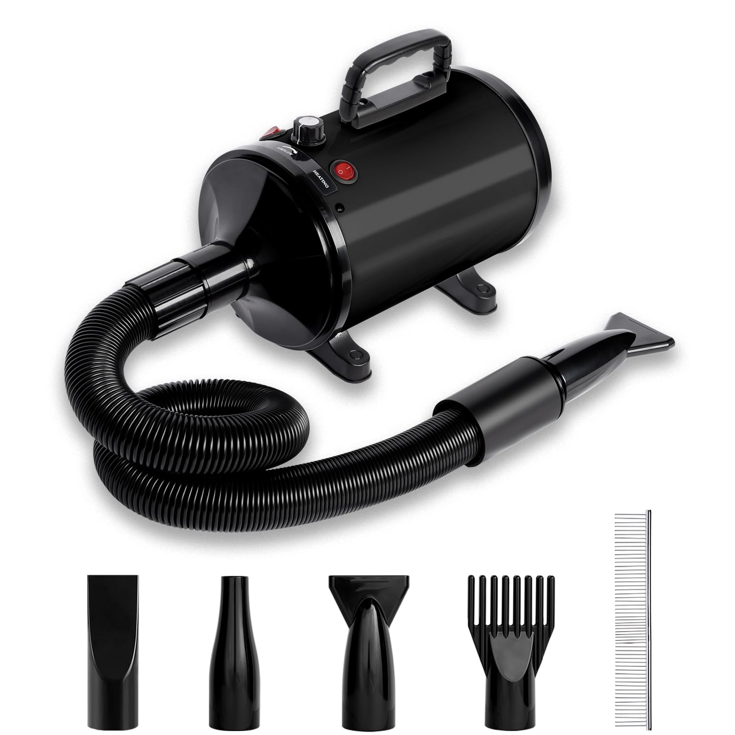 NESTRAOD - Asciugacapelli per cani ad alta velocità per toelettatura, 2800 W, con velocità e riscaldamento regolabili, asciugacapelli professionale per animali domestici, con 4 ugelli, nero