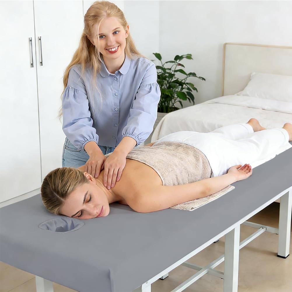 2 Stück Spannbezug für Massageliege mit Loch, 80 x 190cm Wasserdicht und Ölbeständig Bezug für Massageliegen, Waschbar Massageliege Bezug für Kosmetik-Tische, Spa, Schönheits (Grau)