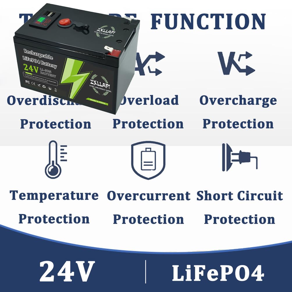 Batteria LiFePO4 24V 10Ah 8Ah Batteria al Litio 12Ah Batterie Ricaricabili 24V Batterie solari per Alimentazione di Backup con Porta USB e BMS per Motore da 100W a 300W,24v12ah