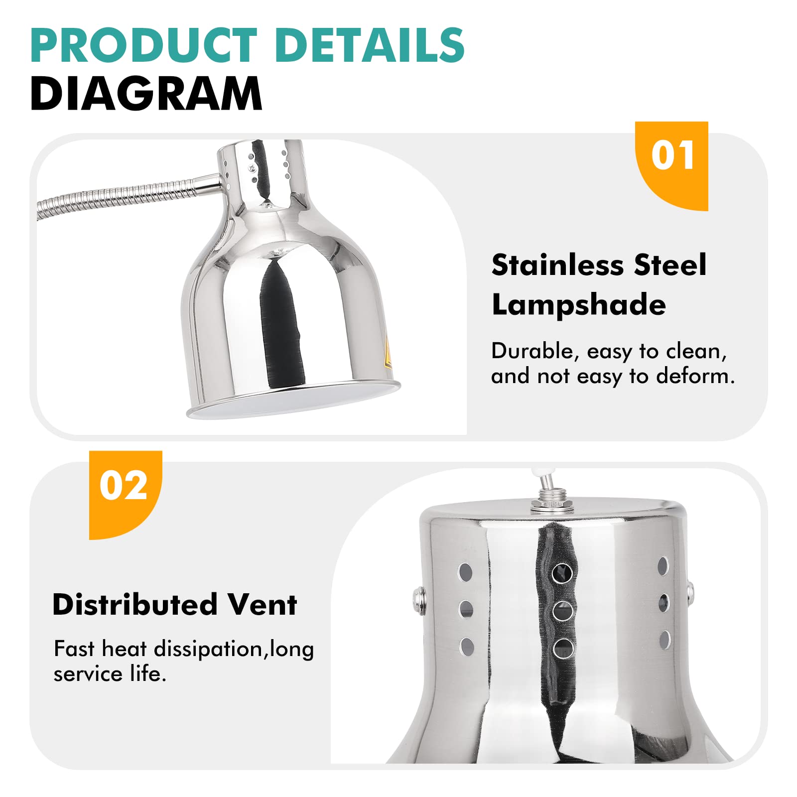 YJINGRUI 250W Self Standing Heating Lamp, Silver 2 Pack | With extendable hose up to 70 cm for buffet, kitchen, restaurant (double bulbs)