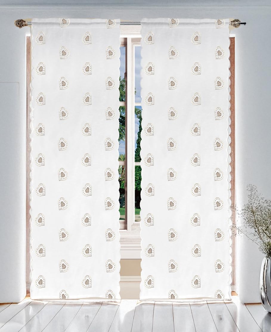 Home Tresor - Coppia Tende Ricamate a Vetro per Interni Tendine Finestra e Portafinestra Cucina Bagno Camera Cuori Tirolesi Doreen B5-2 Pannelli 60 x 240 cm. Beige