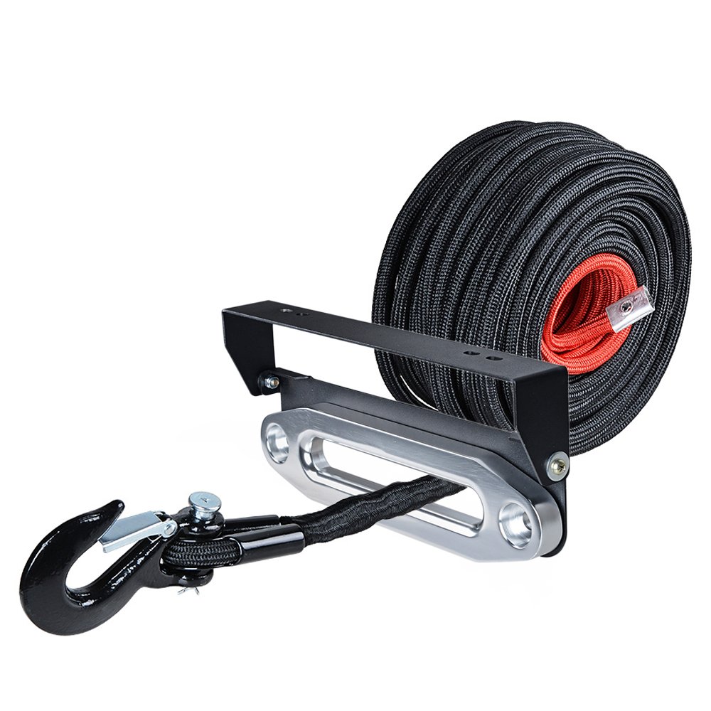 85' x 3/8 Synthetic Winch Rope Rock Guard Protective Sleeve + 10 inch (ilver Hawse Fairlead + Flip-Up License Plate Holder 4 Mounting Hole + Grade 70 Safety Latch Black Hook