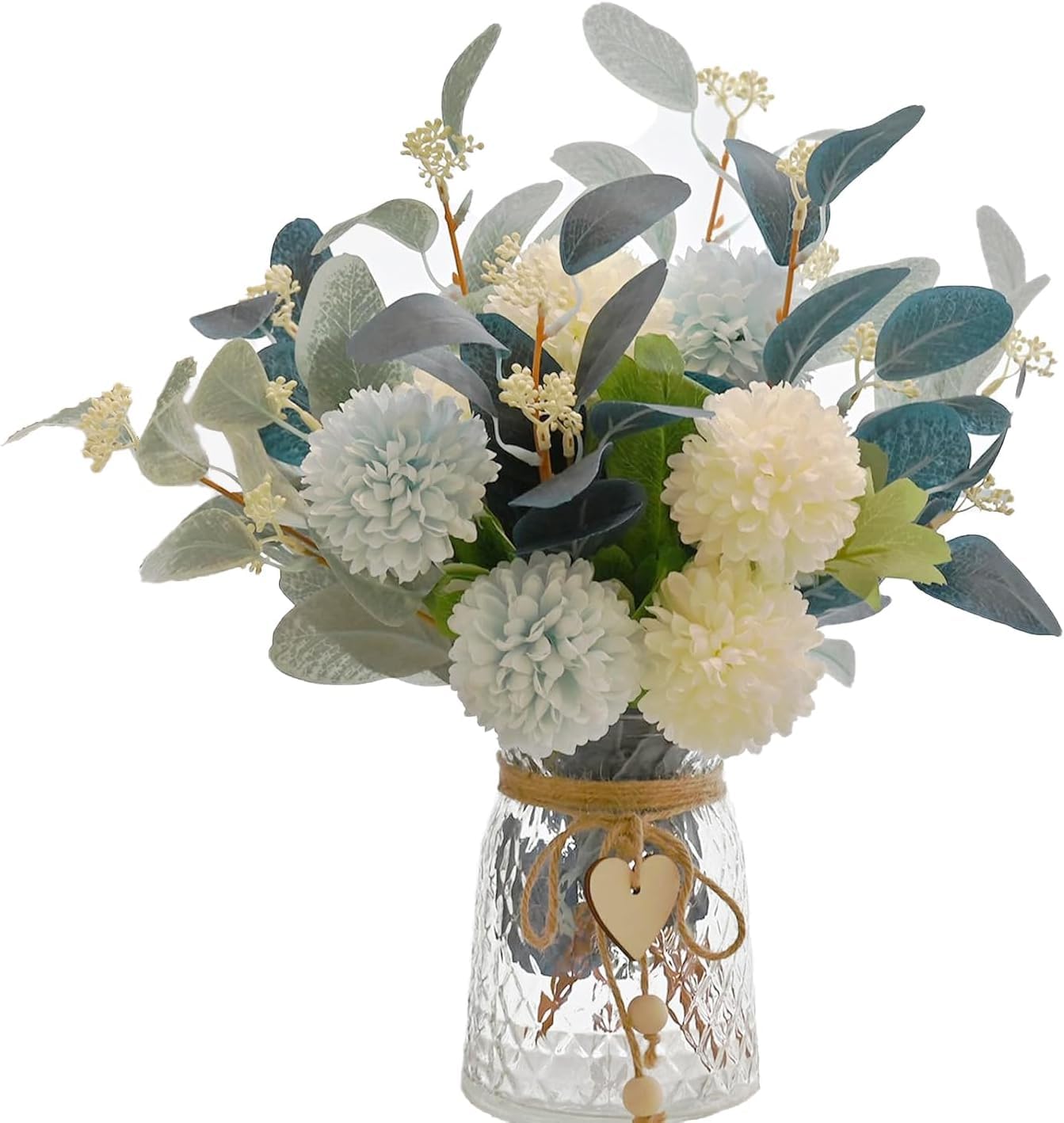 Artificial Flowers with Vase, Faux Flower Arrangement with Eucalyptus Leaves, Silk Hydrangea Table Centerpiece for Home Office Kitchen, Dining Room & Coffee Table Decor