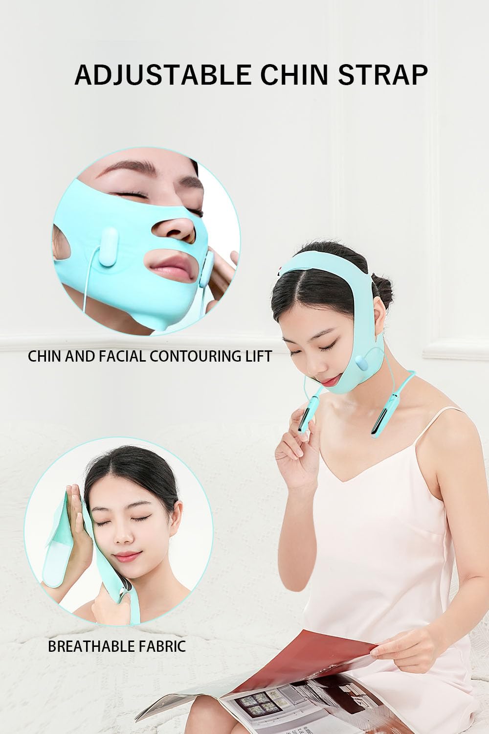 Cinturones faciales con correas ajustables, reductor de barbilla doble y dispositivo de elevación facial con 4 modos y 5 intensidades ajustables de engranajes, máquina inteligente de doble barbilla