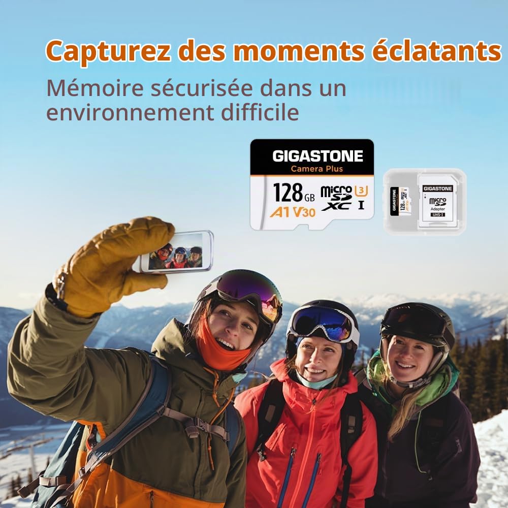[GIGASTONE] Carte Micro SD 128Go, Camera Plus, GoPro, caméra d'action, caméra de Sport, Haute Vitesse 100 Mo/s, Enregistrement vidéo 4K, Carte mémoire MicroSDXC UHS-I A1 V30 U3 Classe 10