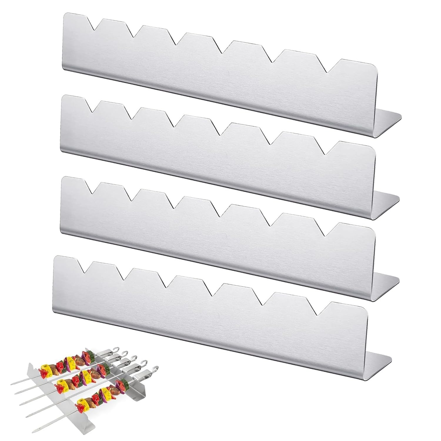 MEISO 4 Pezzi Griglia Spiedini Rack, Supporto per Spiedini in Acciaio Inox con 6 Scanalature, Accessori per Barbecue per Arrosticini, Barbecue, Grill a Gas, per Barbecue, Campeggio, Picnic