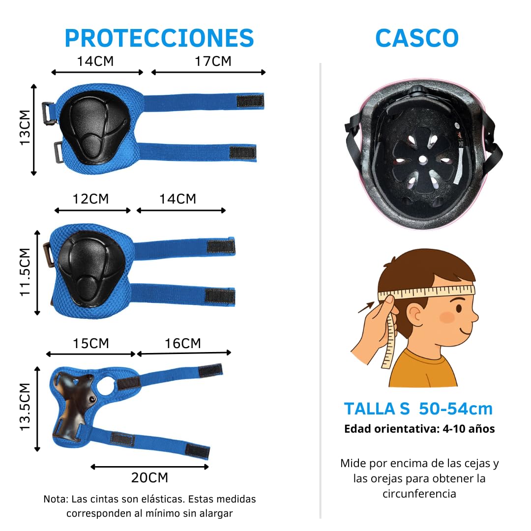 Casco y Protecciones Niño y Niña - Casco + 2 Rodilleras + 2 Muñequeras + 2 Coderas - Bicicleta/Patin/Patines/Skate - Ajustable 50-54cm. Infantil Niños 4-10 Años - Capacete Bicicleta Criança
