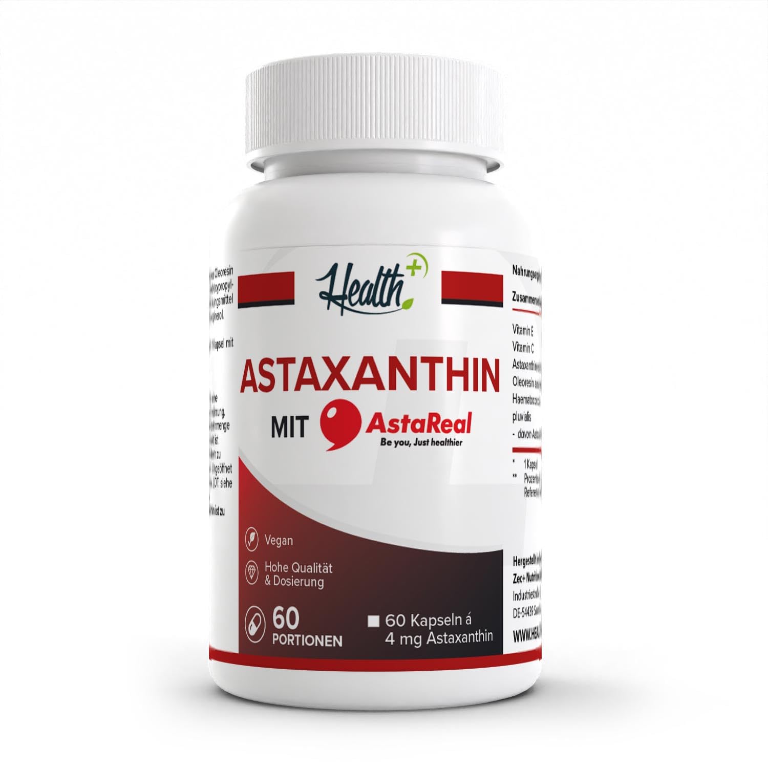 Health+ Astaxanthin - 60 Kapseln mit 4 mg des Markenrohstoffs AstaPure, veganes Antioxidans aus der Alge, Made in Germany