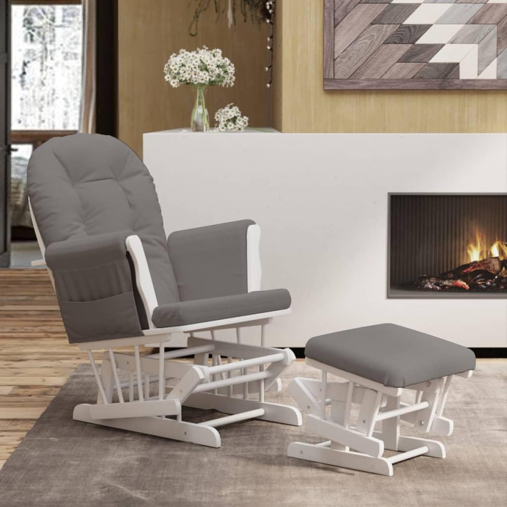 Sillón mecedora con taburete, tela gris oscuro, madera de caucho maciza, 70 x 72 x 107 cm, para salón, habitación de bebé, relajación, lactancia, lectura, reposabrazos cómodo