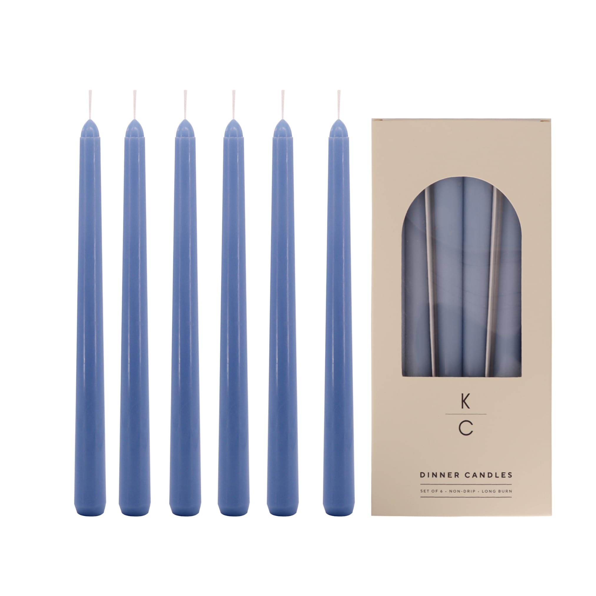 Tapered Dinner Candles, Pack of 6 – Soy &amp; Paraffin Wax Blend, 10-Inch Dripless Taper Candles with 7-Hr. Clean Burn – Smokeless Unscented Tapers for Weddings, Dinner Tables &amp; Home Decor – Duck Blue