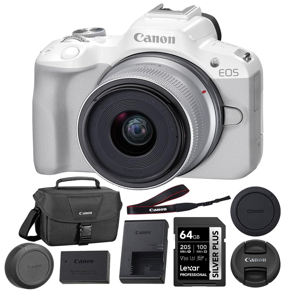Canon Mirrorless Camera EOS R50 with 18-45mm Lens (White) 64GB Extreme PRO UHS-I SDXC Memory Card + Canon 200ES EOS Shoulder Bag (3 Items)