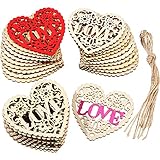 Tatuo 30 Pieces Heart Wooden Embellishments Wood Tags Love Heart Hanging Ornament and 30 Pieces Twines for Valentine's Day Decorations Wedding Crafts
