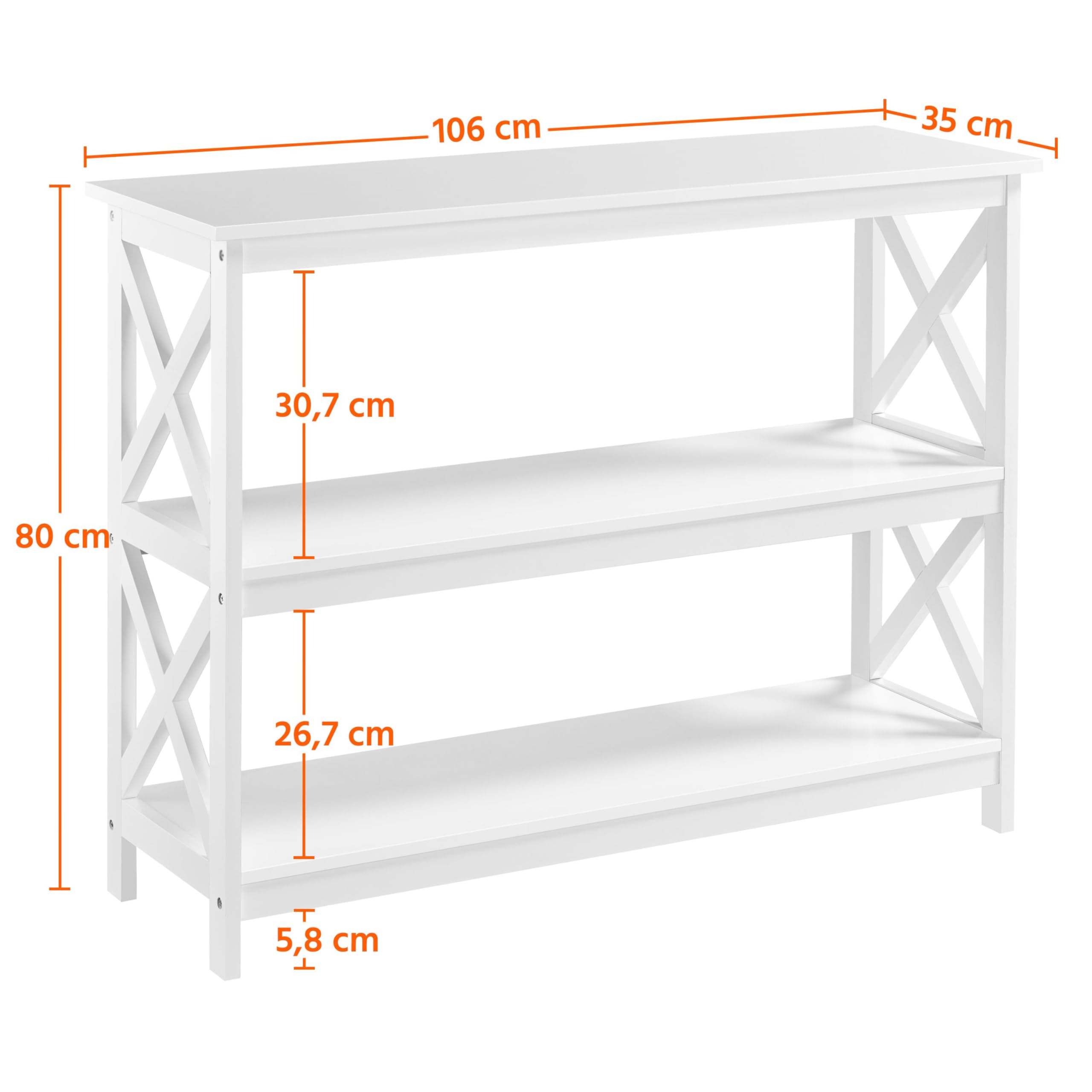 Yaheetech Konsolentisch 3 Ablagen Flurtisch Eingangtisch mit X-förmigem Rahmen Schmaler Beistelltisch aus Holz 106 x 35 x 80 cm, Weiß