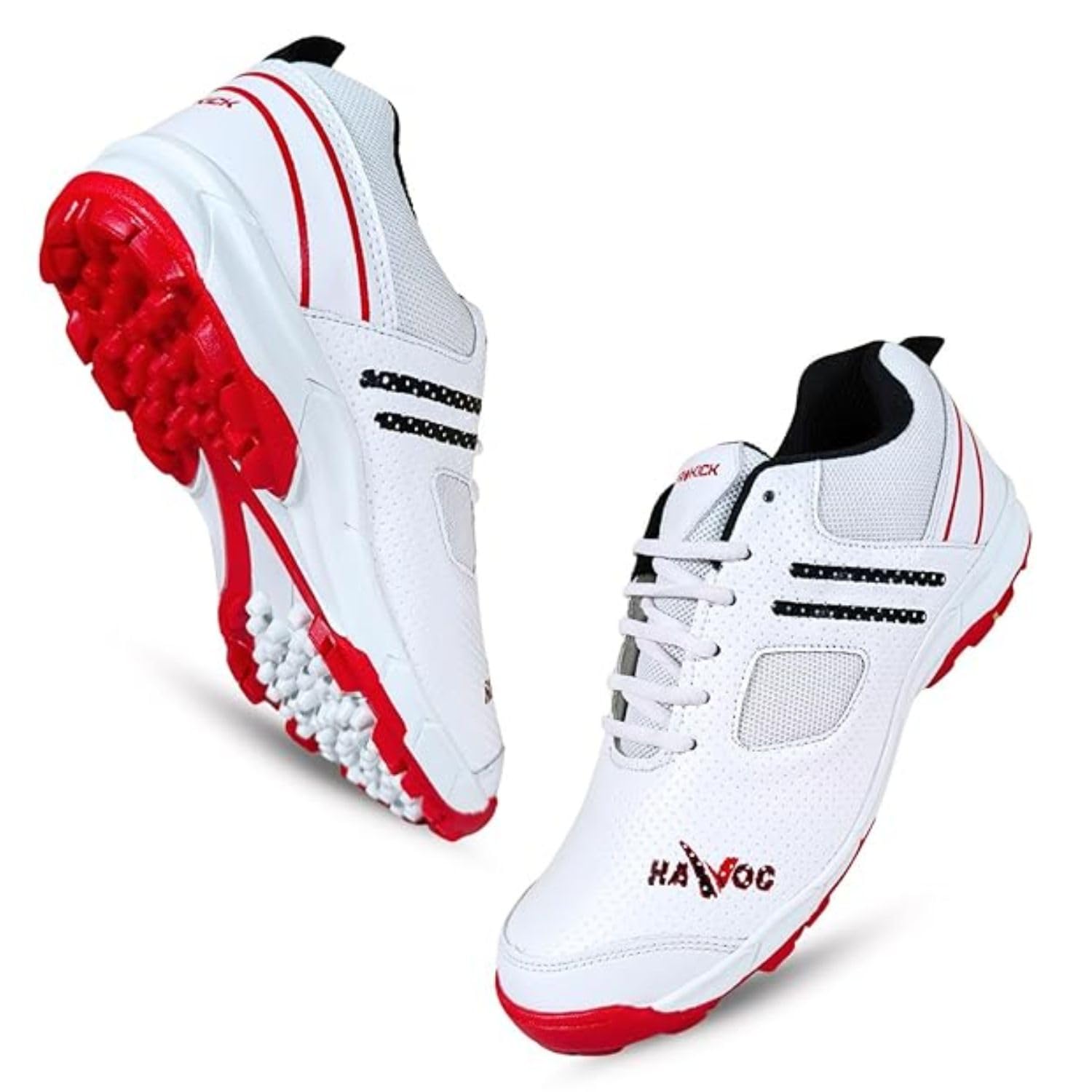 Prokick Havoc Cricket Shoes for Men and Women|Lightweight & Durable Cricket Shoes|PVC Studs Spikes Sports Shoe for Unisex|Synthetic Leather Upper Sports Shoes|EVA Sockliner (WHITE/RED/BLACK, UK Footwear Size System, Adult, Men, Numeric, Medium, 11)