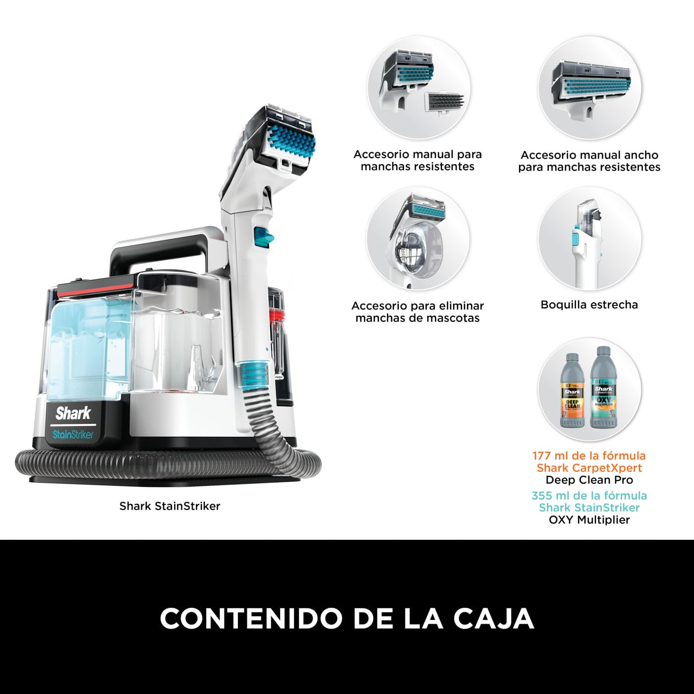 Shark StainStriker Limpiador de manchas con 5 accesorios, minicepillo para pelo de mascotas, boquilla estrecha, tubo de limpieza, 2 x soluciones de limpieza incluidas, ligero y portátil, 450W PX200EUT