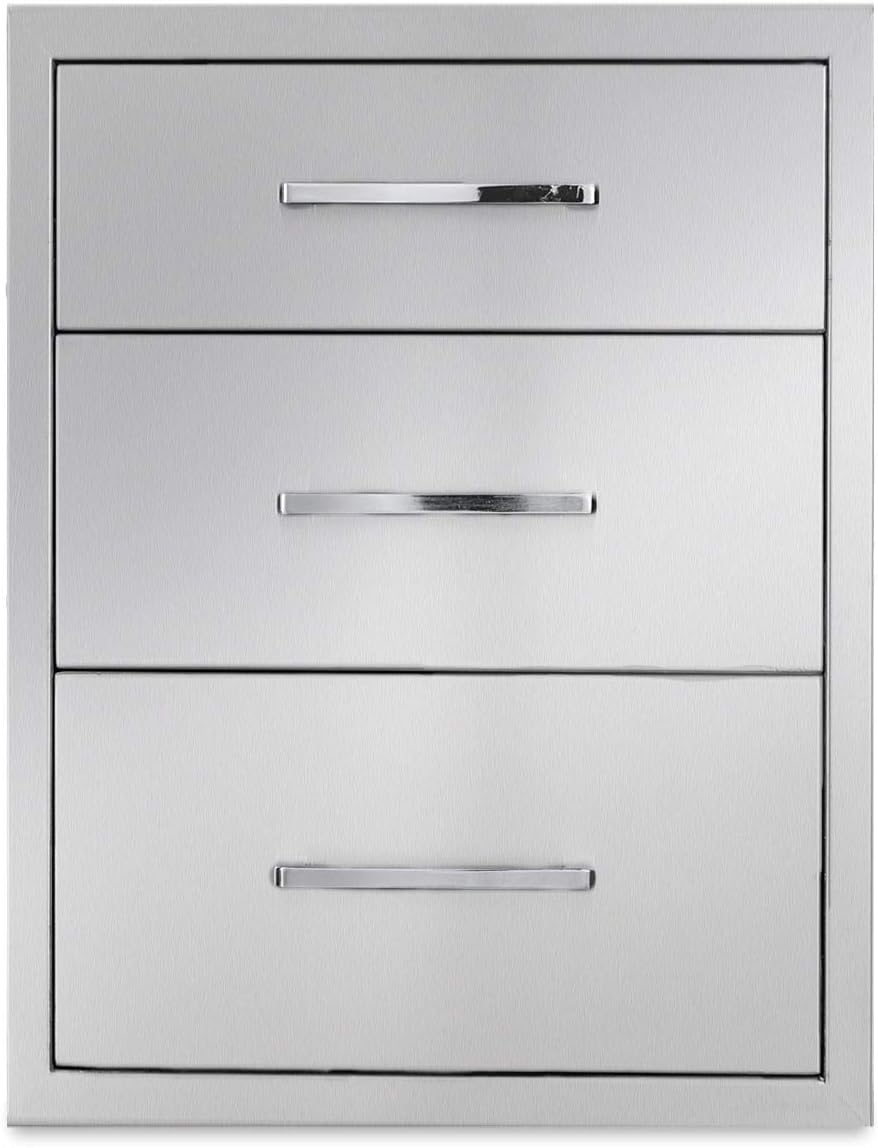 Outdoor Kitchen Drawers Stainless Steel 3-Drawer BBQ Drawer 18" W x 21" H x 23" D Enclosed Built-in Drawer Flush Mount for Outdoor Kitchens & BBQ Islands