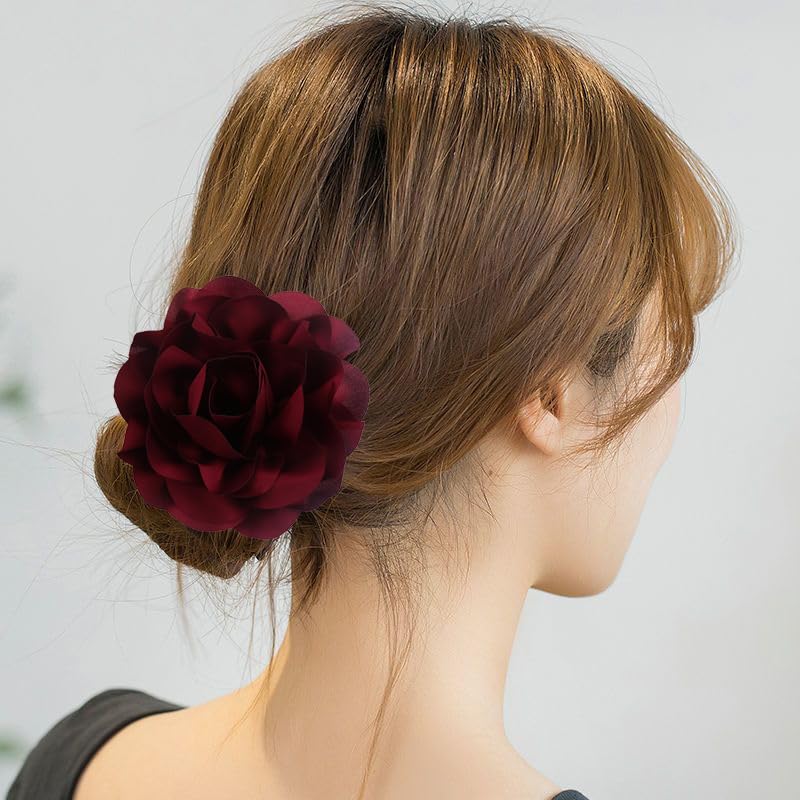Image of Dainty Fabric Rose & Camellia Flower Oversized Brooch Pins & Hair Clip - Large Lapel Pin, 4.3in /7.5in