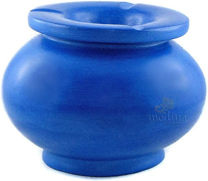 Medina Souvenirs Tadelakt style blue ashtray from Marrakesh with smoke stop cover, traditional craftsmanship, 100% handmade decorative object.