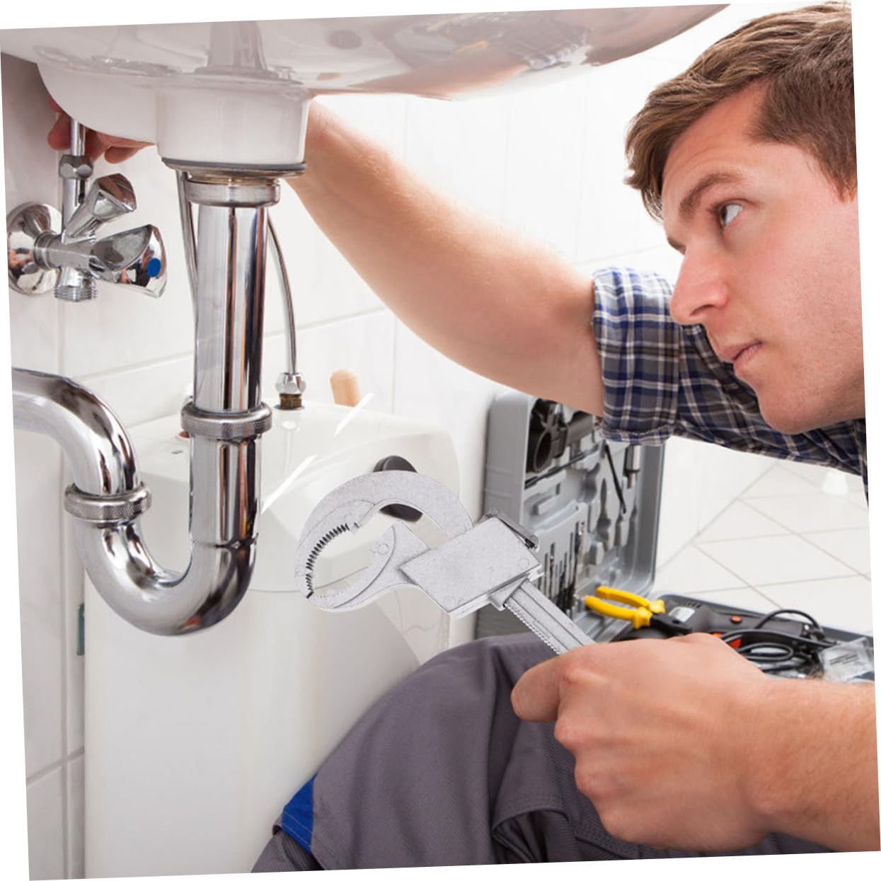 Llave Inglesa Ajustable de Doble con Dientes Redondeados para Fontanería Herramienta Multifuncional para Lavabo y Cocina con Accesorios para Estrechos Mango Portátil