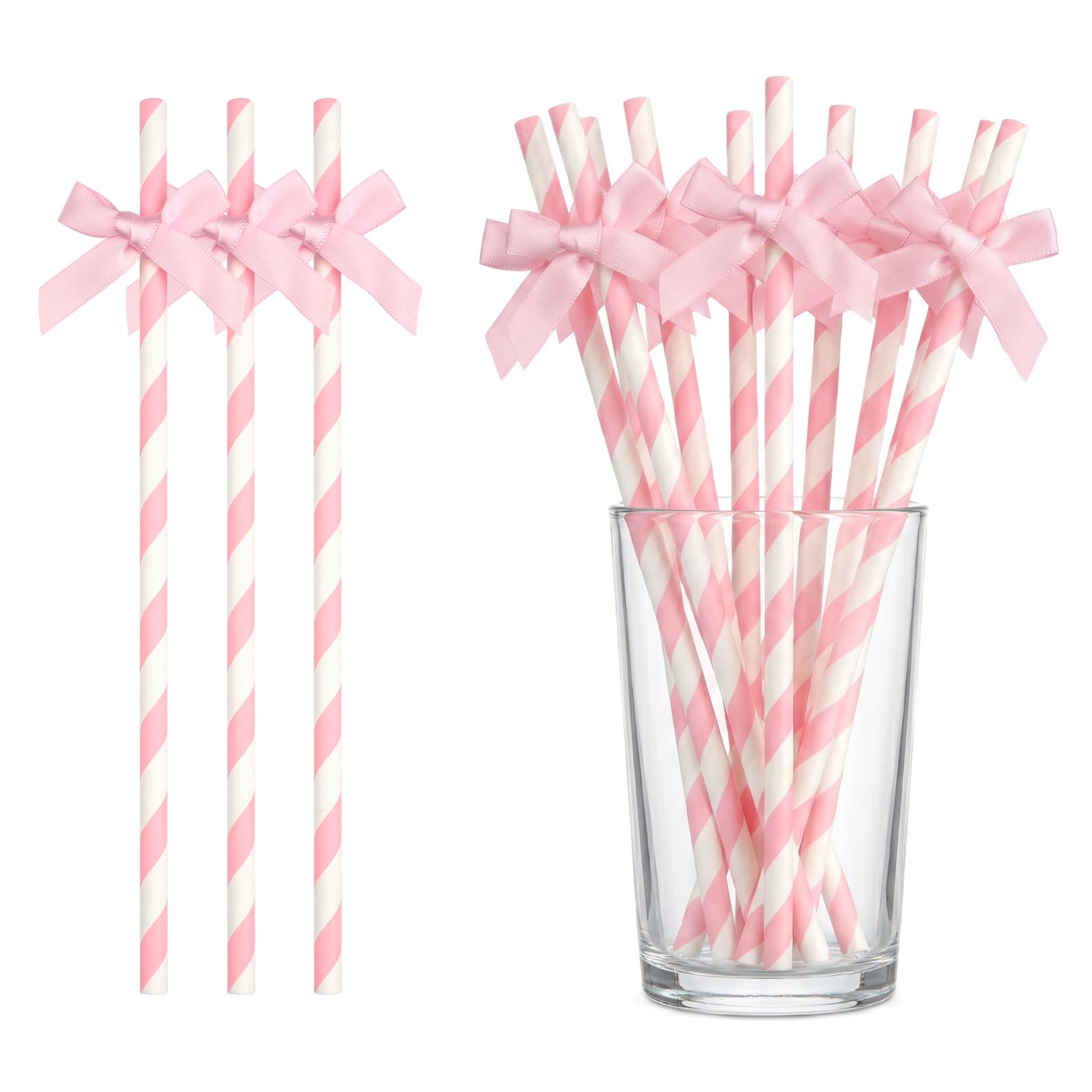 MYHOGOOD 30Pcs Pink Paper Straws, Lovely Pink Paper Straw for Drinking, Bow Paperstraws for Party Juice Coffee Tea (Pink)
