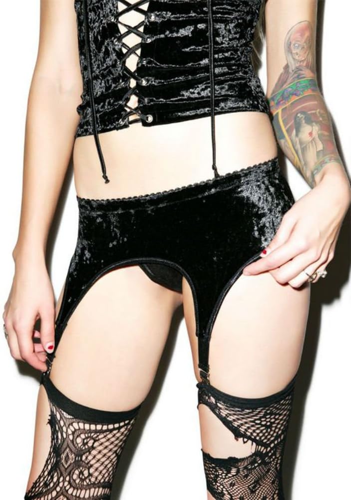 Widow by Lip Service Gothic Vintage Stretch Crushed Velvet Black Garter Belt