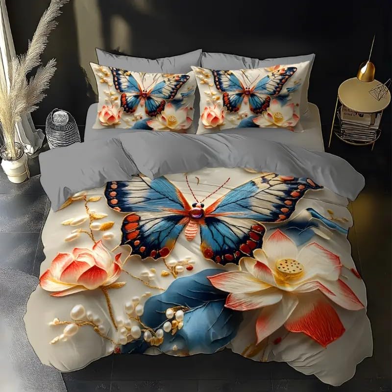 Parure de lit lotus 240x260 cm avec housse de couette papillon en microfibre et 2 taies