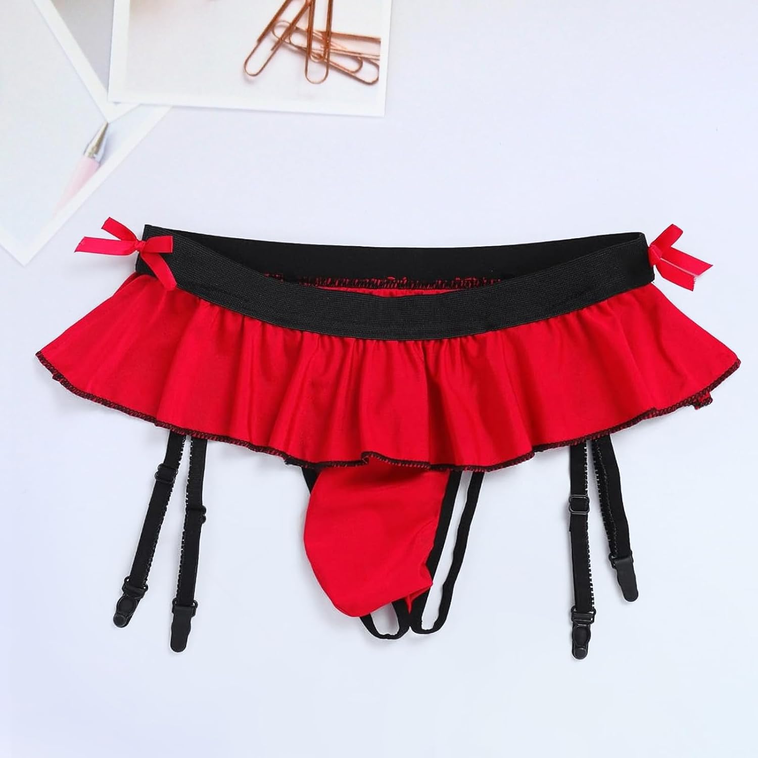 Degpum Sissy Pouch Panties for Men Crossdresser Lingerie Mini Skirt for Men Crossdressing Outfits Garters G-String Stockings Nightwear Pink - Image 3