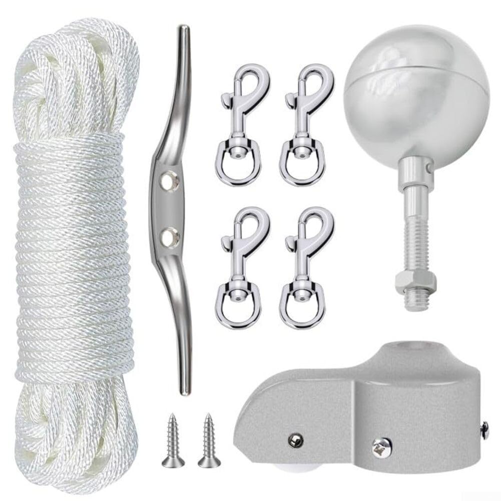 Flag Pole Repair Parts Kit, Include Flagpole Suspension Rope, Ball Top, Screws, Clamp, Rotating Hook, Flagpole Truck With Nylon Pulley, Flag Pole Hardware Parts Repair Tool Kit