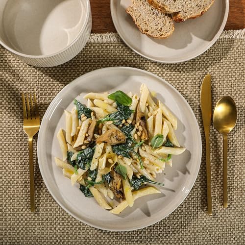 Image of Gibson Elite Solana Coast 12 Piece Stoneware Reactive Glaze (Service for 4) Ceramic Plates and Bowls Modern Shape Embossed Dinnerware Set - Cream White