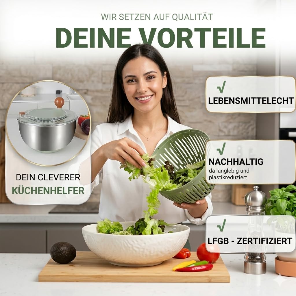 Salatschleuder Edelstahl 5L – Groß mit Kurbelantrieb, rutschfestem Boden & Ausgussfunktion – Spülmaschinenfest, BPA-frei – Salatschleuder Groß für Familien & Gemüse