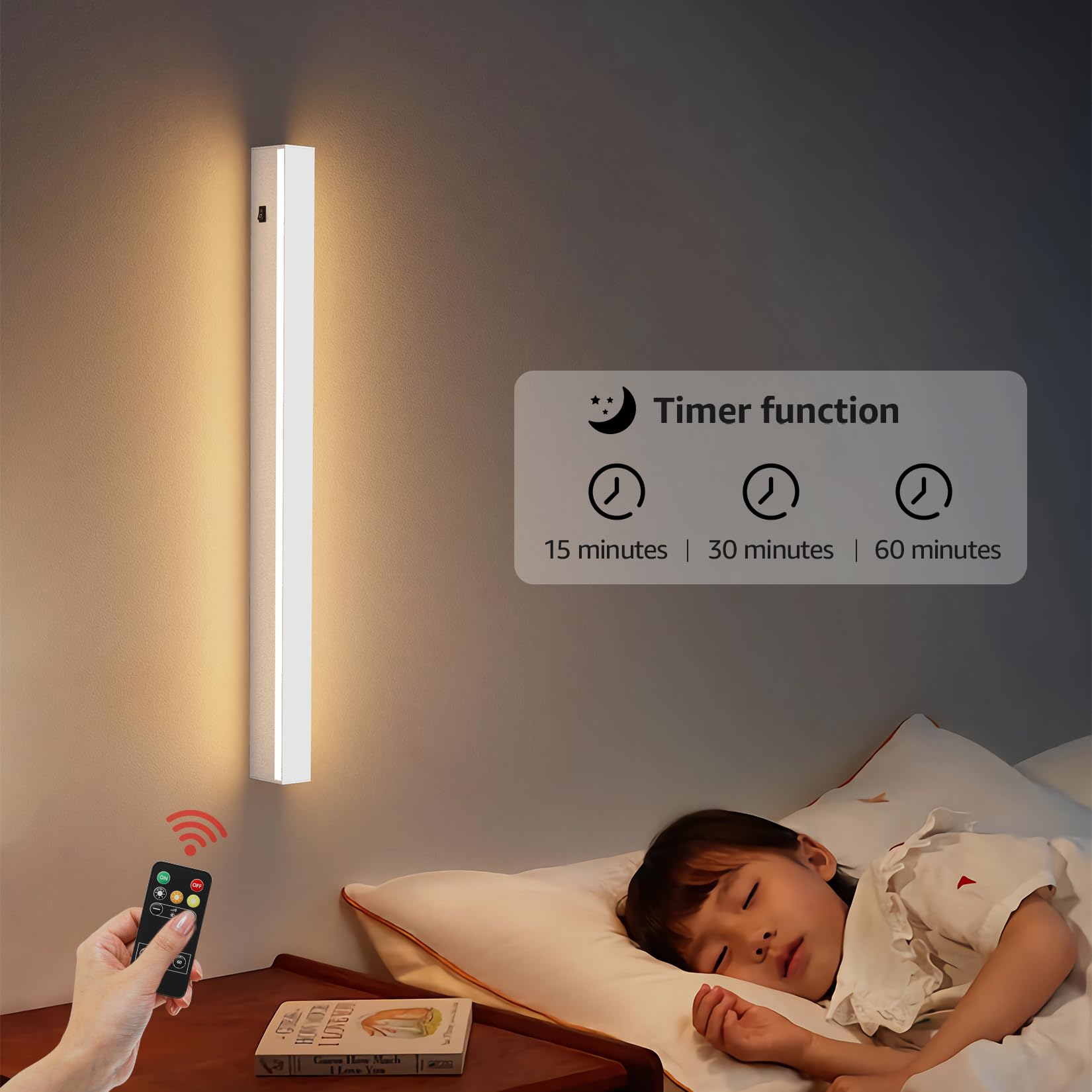 Klighten Dimbare led-wandlamp voor binnen, 11000 mAh, 3000 K -6000 K, touch- wandlamp, draadloos met afstandsbediening, wandlampen voor binnen, met timerfuncties, met USB-C, voor slaapkamer, 8 W, zwart