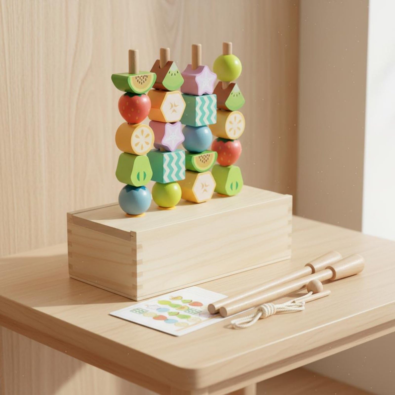 Perline Educative Bambini Set Gioco Legno Frutta Perline Infilare Ordinare Sequenze Carte Attrezzi Infilatura Apprendimento Pratico Motricità Fine Faggio Adatto per Casa Asilo Aula