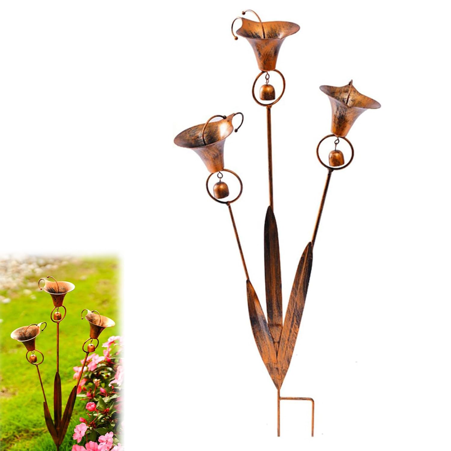 Flamed Copper Three Calla Lilies Garden Stake with Bells, 24in Rustic Copper Finish Floral Stake for Outdoor Yard Art