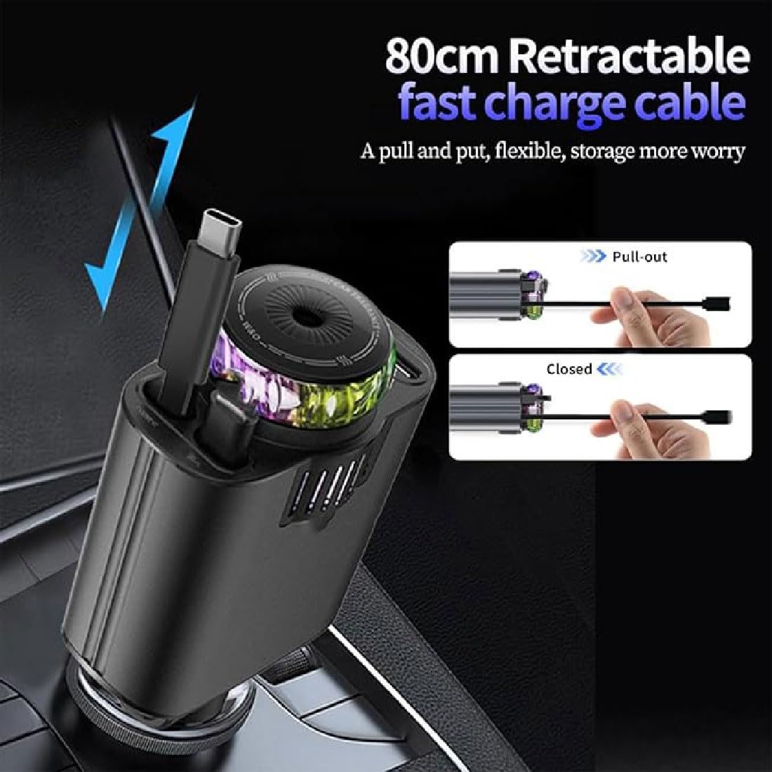 GUSHE Aroma Starlight Car Charger, Chargeur Voiture 5 en 1 USB C à Charge Ultra Rapide, Rétractable avec aromathérapie et lumière des étoiles