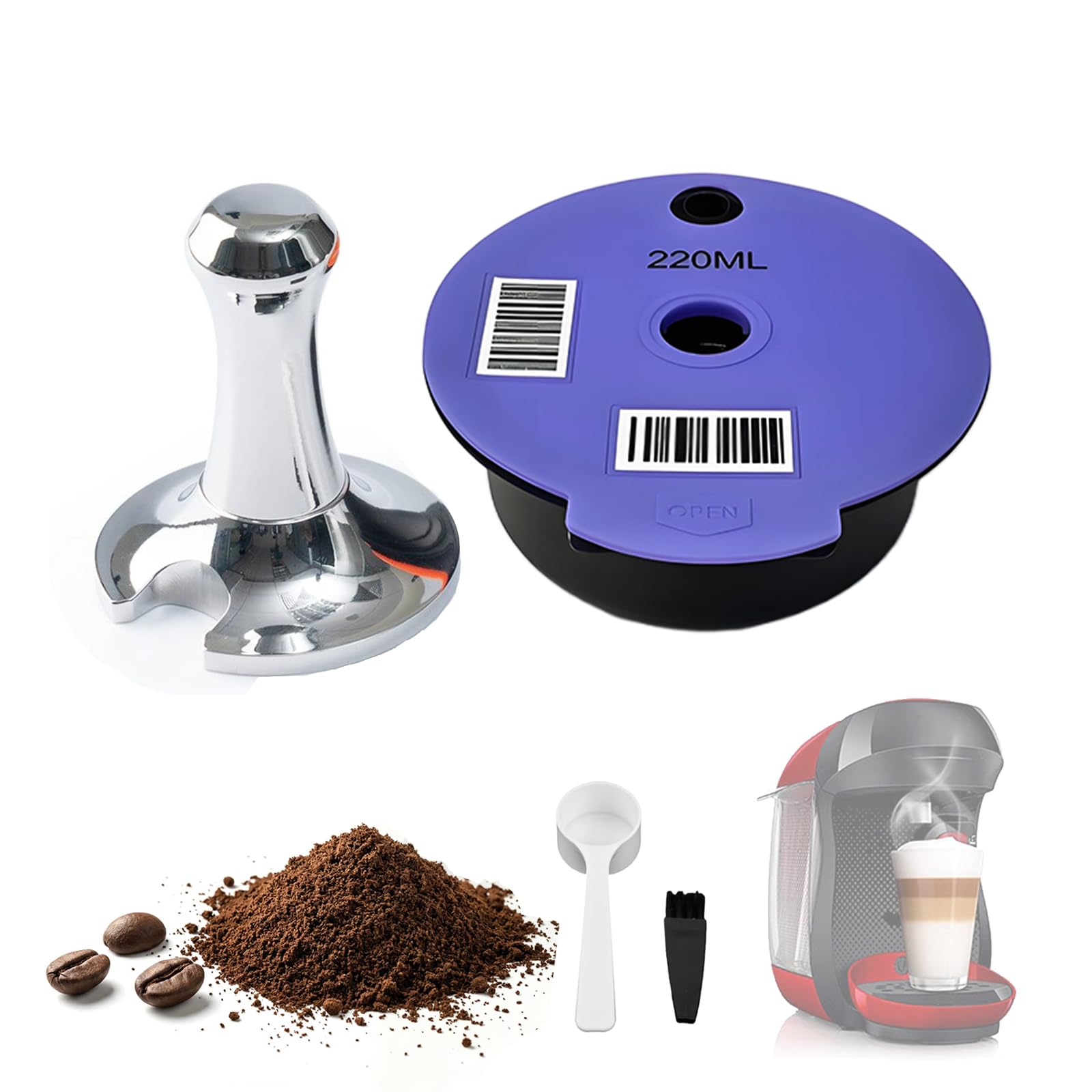 TINGFENG Reusable Pods Refillable Coffee Capsules Pods 220ml with Replacement Lids Compatible with TASS mo Machine (220ml+1 Tamper)