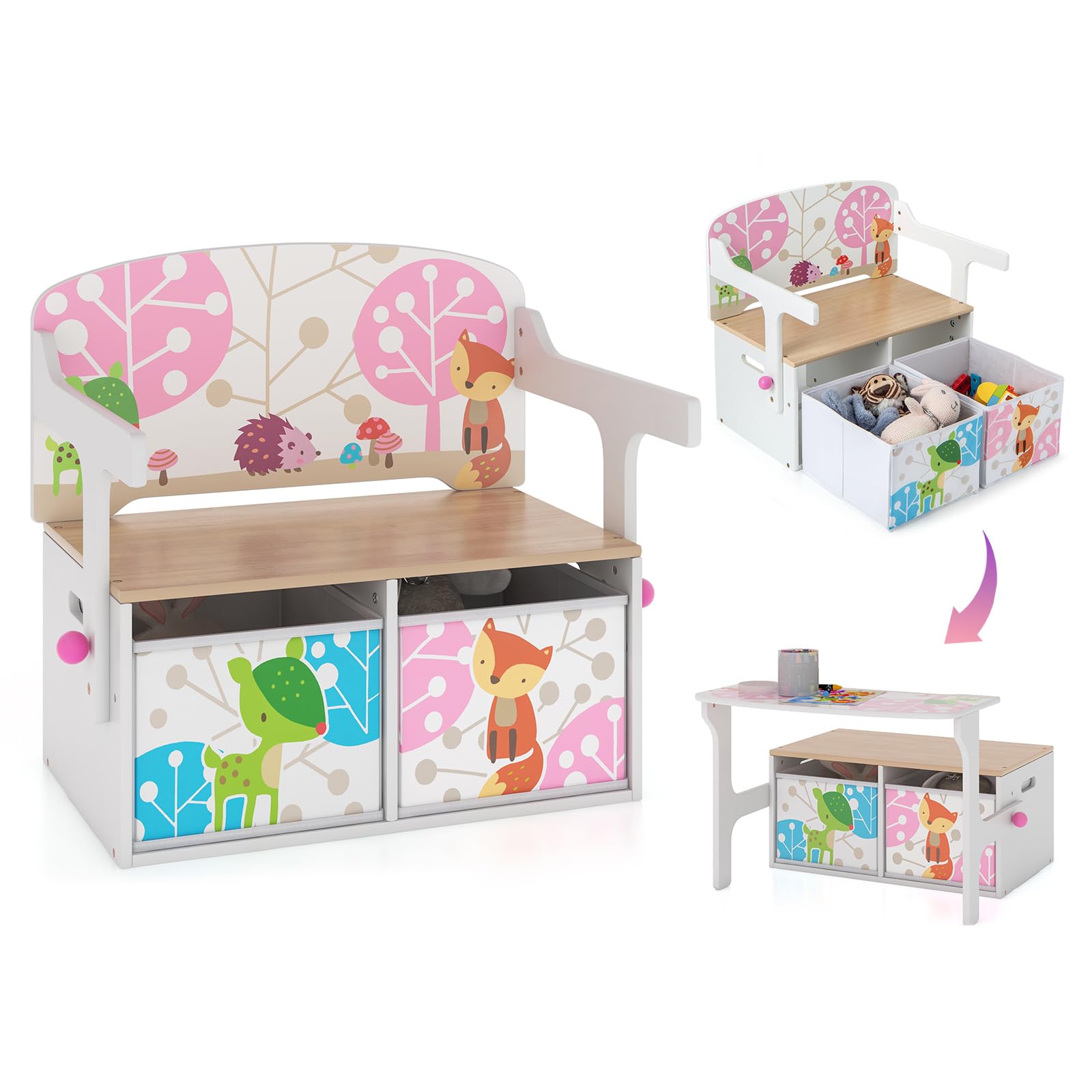 GOPLUS Kindertafel met zitbank, 3-in-1 kinderzitgroep met opbergruimte, kinderkistbank, speelgoedkist, kindermeubel, zitgarnituur voor kleuterschool, speelkamer (wit