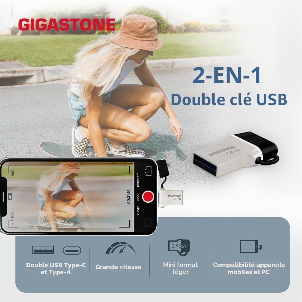 GIGASTONE 256Go Clé USB Nano Luxus Flash, Z50 USB 3.2 Gen 1, 2-en-1 Type-A & Type-C, 100Mo/s Ultra Rapide, Plug & Play pour Smartphone/PC/Mac/TV/Voiture, USB 2.0/3.0/3.1 Compatible