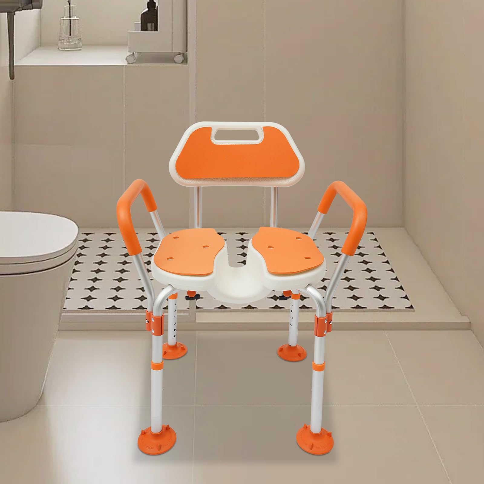 Silla de ducha, silla de ducha regulable en altura con respaldo, reposabrazos, silla de baño para personas mayores, embarazadas, discapacitados, equipada con acolchado EVA antideslizante