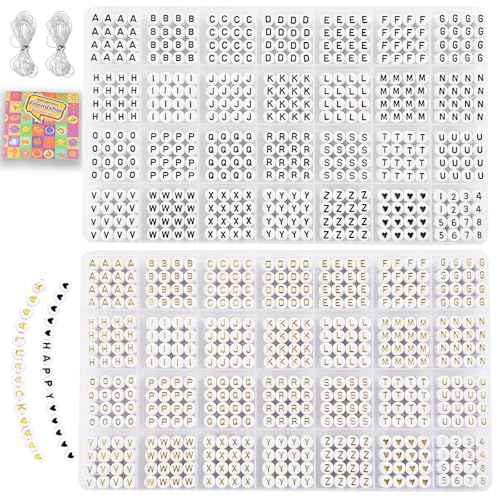 LEclatDina 2 Box Set Letter Beads Alphabet Beads for Bracelets 1900+ PCS Round Number & Heart 5m Elastic String Jewelry Making Kit Ideal for Friendship Bracelets (Black+Gold)