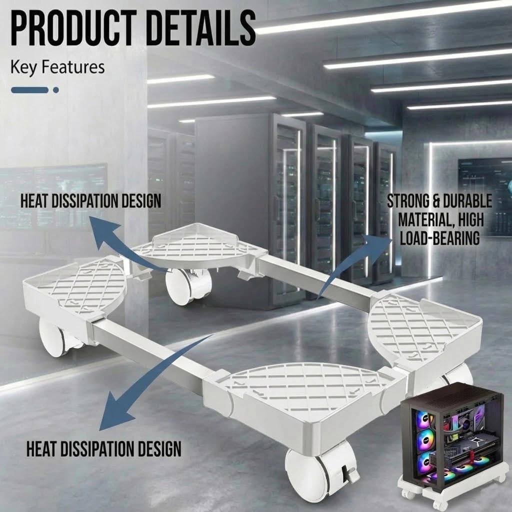 Soporte para Pc, Soporte para Pc Debajo del Escritorio, Soporte Universal Ajustable, Móvil,con 4 Ruedas-2 Ruedas Giratorias Bloqueables-Blanco Hueco