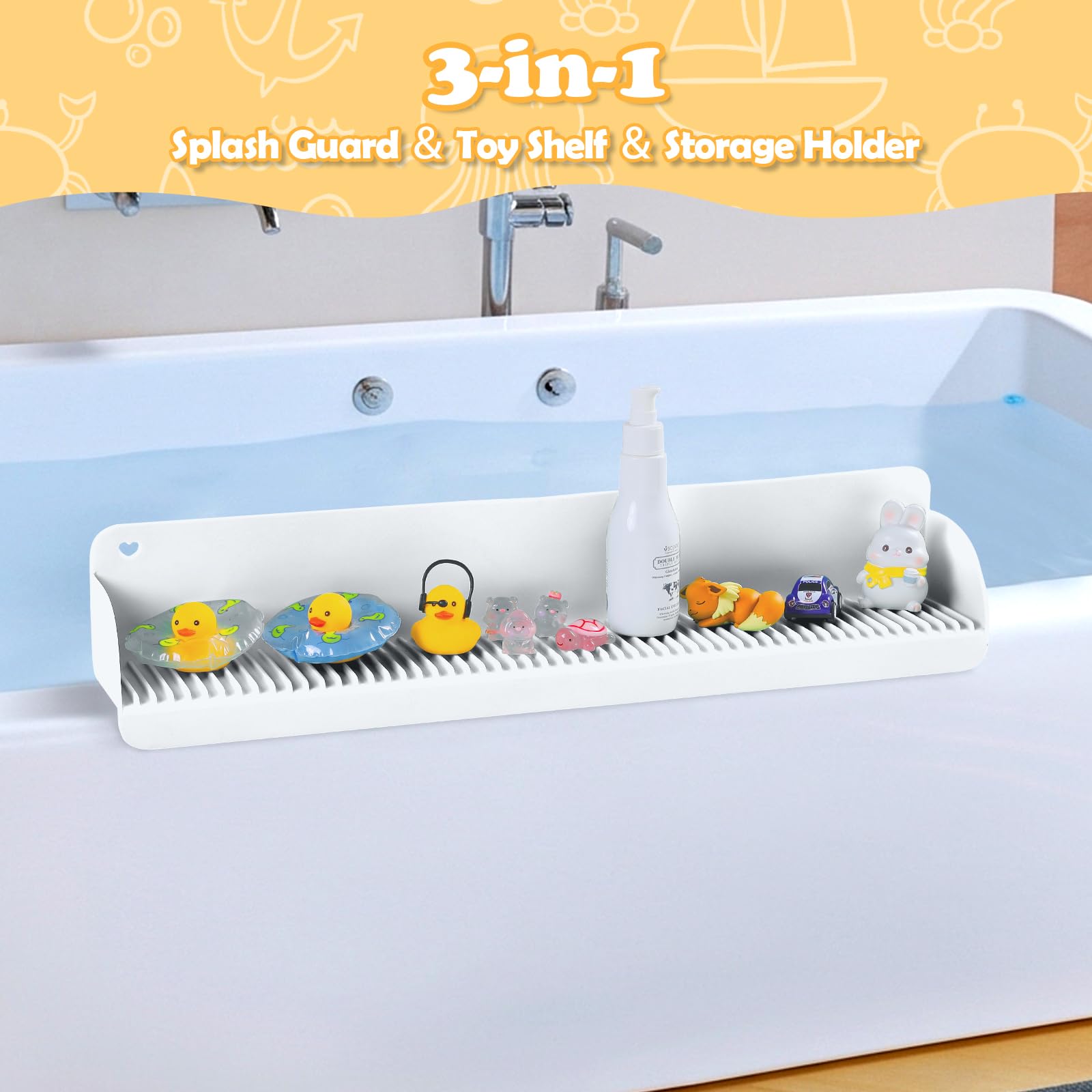 Paraspruzzi per vasca da bagno da 61 cm, con 10 ventose, in silicone, paraspruzzi per vasca da bagno, vassoio giocattolo da bagno, mensola da gioco per bambini, universale per bagno, lavello della