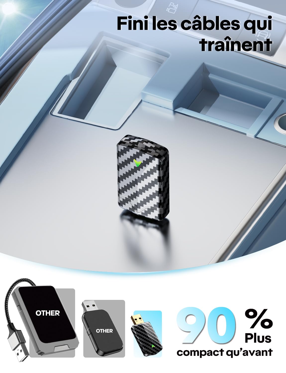 Adaptateur CarPlay sans Fil - Design Élégant Version 2025 la Plus Récentes, Mini et Stable, Plug & Play, Compatible iPhone iOS 10+ et Voitures 2016 avec CarPlay Câblé
