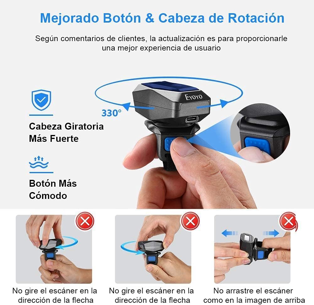 Eyoyo 1D Scanner di codici a barre Bluetooth, 2,4 G wireless, Mini lettore ad anello con cavo USB per iOS Android, per Magazzino Supermercato Libreria...