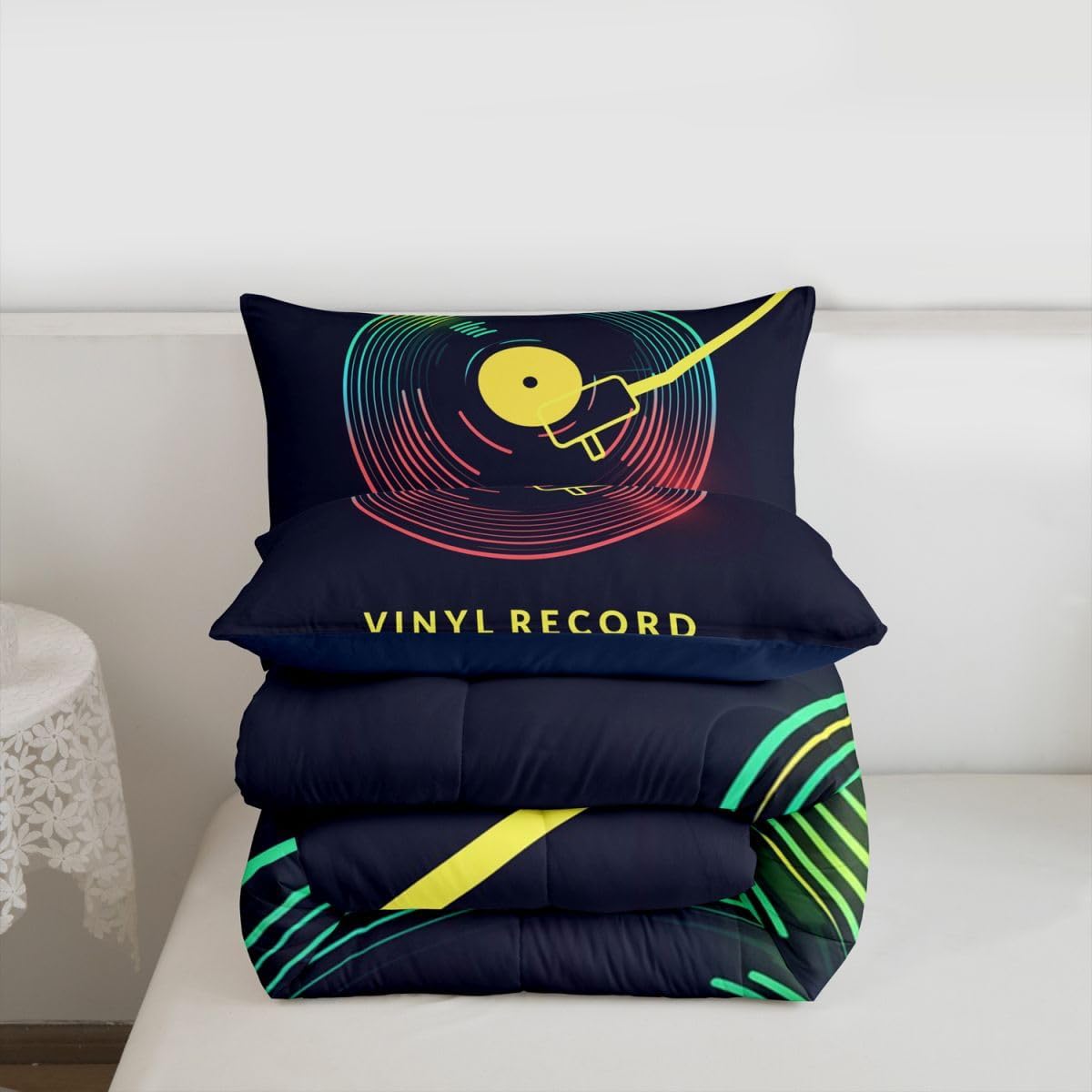 Erosebridal Rock Music Comforter Set, Vinyl Record Duvet Set Queen Size, Hip Hop Hippie Grunge Style Quilt Set, Rainbow Iridescent Quilted Duvet Black Down Alternative Dorm Decorative 3Pcs