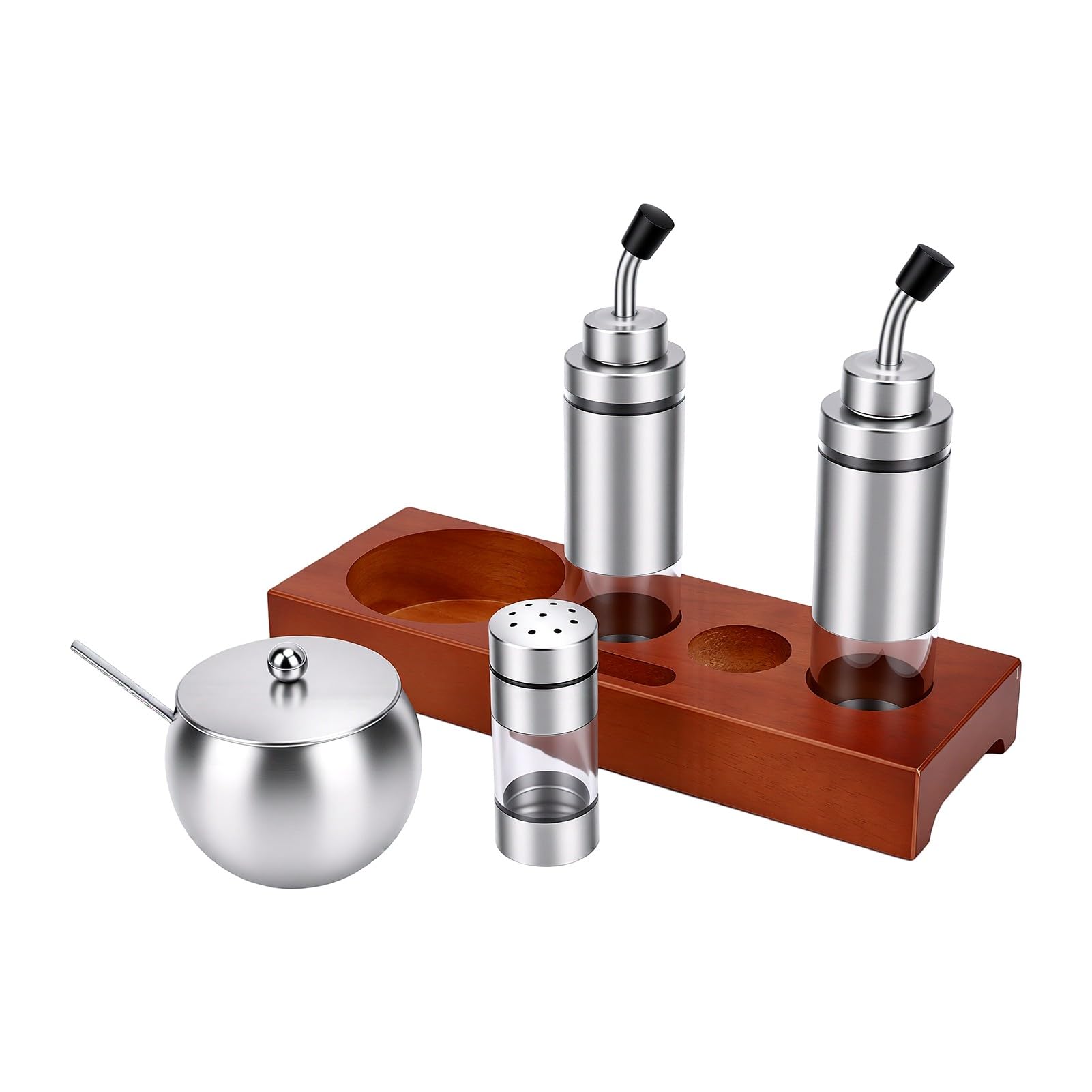 Tnfeeon Juego de Botellas de Condimento con Base de Madera de Roble, Juego de Dispensador de Condimentos de Acero Inoxidable 304, Almacenamiento Hermético de Aceite, Vinagre, Sal y Azúcar,