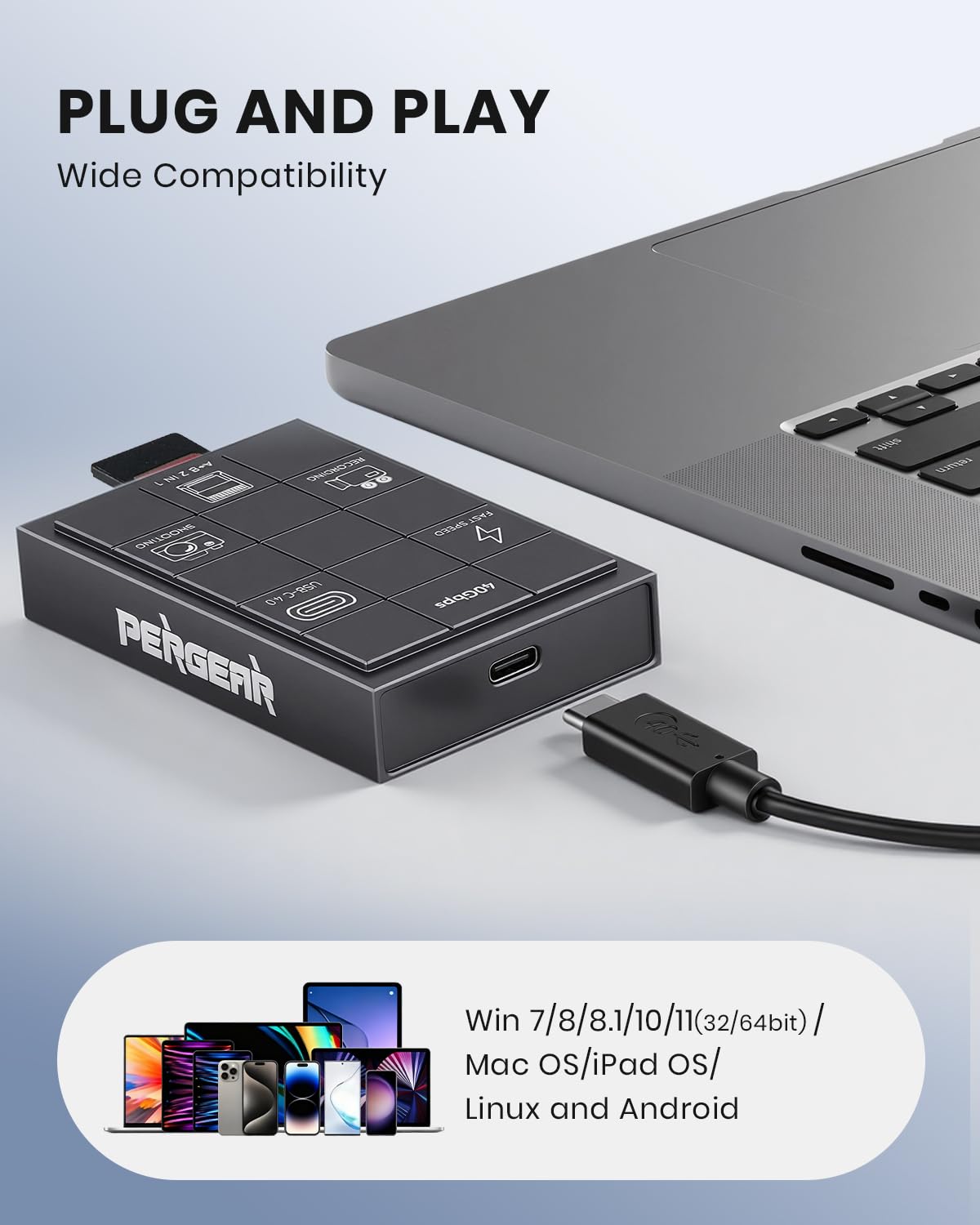PERGEAR Professioneller CFexpress 4.0 Typ A Kartenleser, USB Typ C 40 Gbit/s Typ C auf CFexpress Typ A+B 2-in-1 Kartenleser, Hochgeschwindigkeitsübertragung für Windows/Mac/Linux/Android/iPad